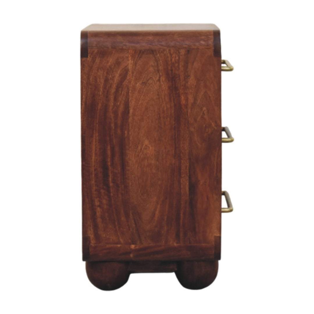 Solid Mango Wood Cadiz Carved Chest of Drawers with 3 Geometric-Front Drawers & Tapered Legs | Golden Teak Finish | 55 x 30 x 57 cm