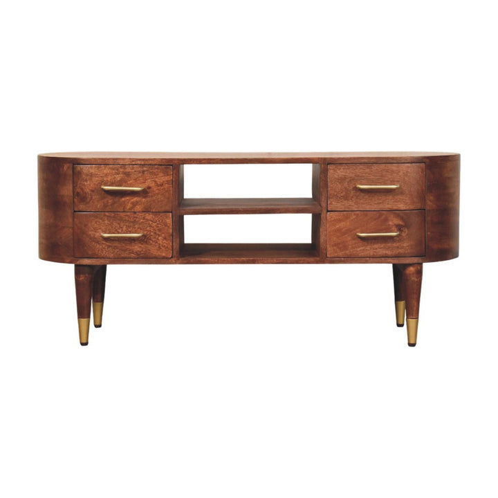 Brown Lacquered Winewood Oak Solid Mango Wood Valenza TV Stand with Open Shelf & Curved Silhouette