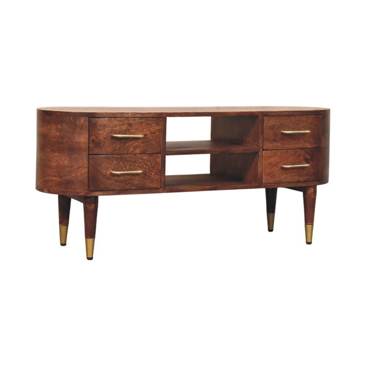 Brown Lacquered Winewood Oak Solid Mango Wood Valenza TV Stand with Open Shelf & Curved Silhouette