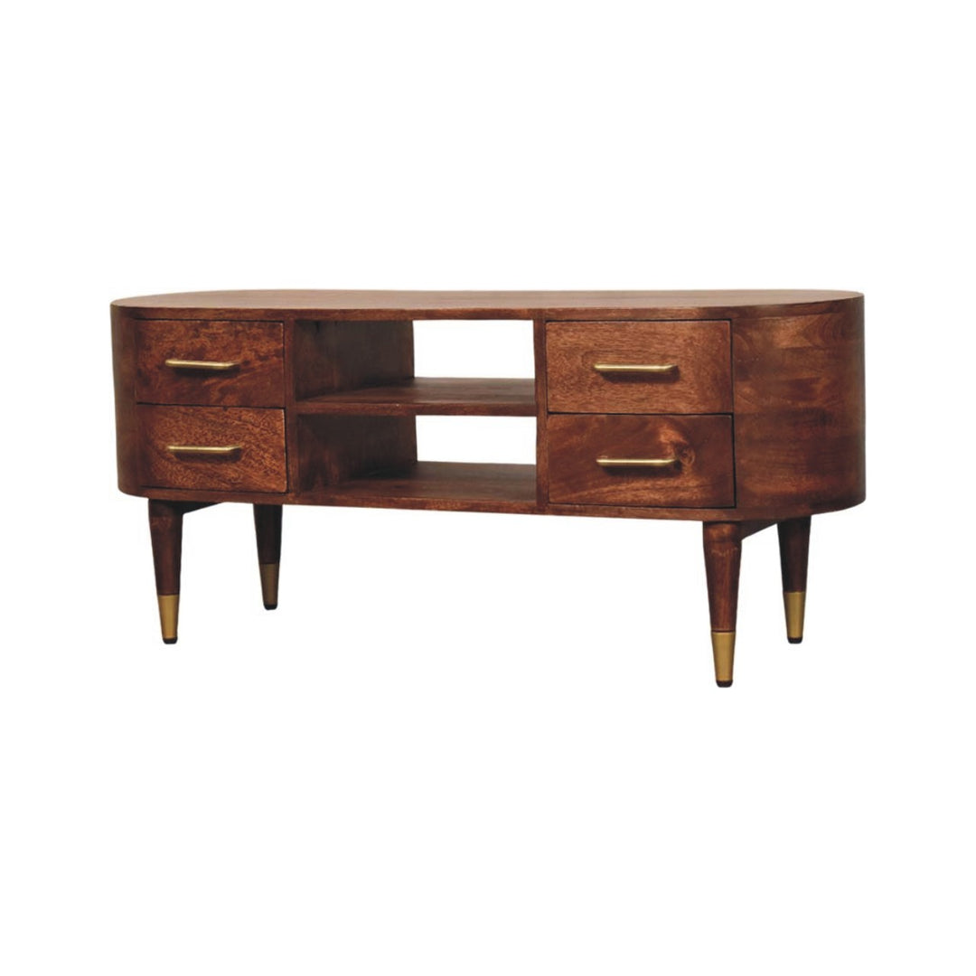Brown Lacquered Winewood Oak Solid Mango Wood Valenza TV Stand with Open Shelf & Curved Silhouette