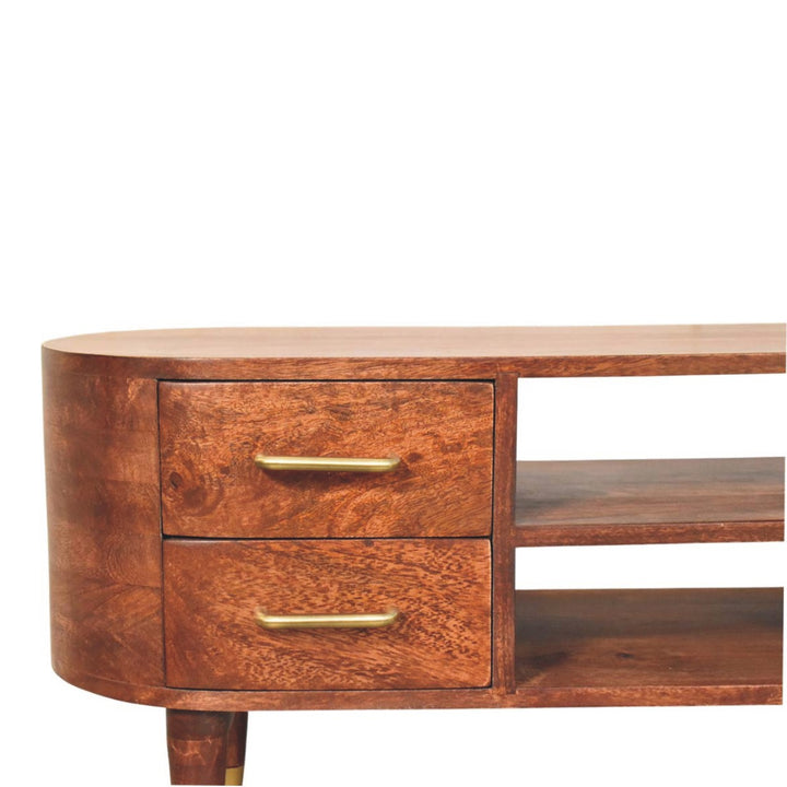 Brown Lacquered Winewood Oak Solid Mango Wood Valenza TV Stand with Open Shelf & Curved Silhouette