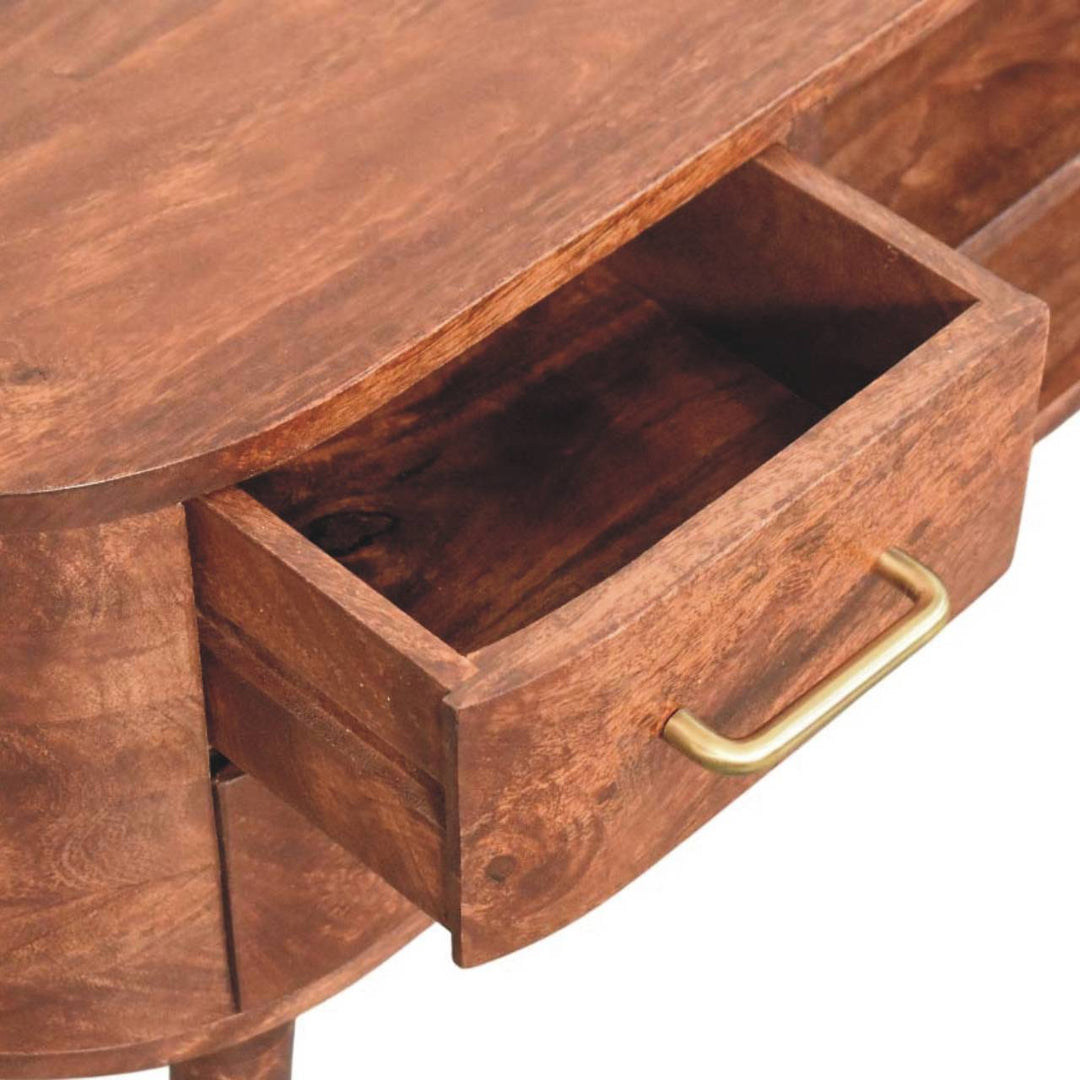 Brown Lacquered Winewood Oak Solid Mango Wood Valenza TV Stand with Open Shelf & Curved Silhouette