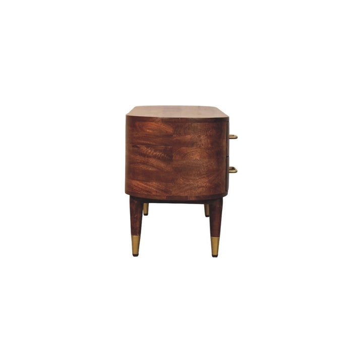 Brown Lacquered Winewood Oak Solid Mango Wood Valenza TV Stand with Open Shelf & Curved Silhouette