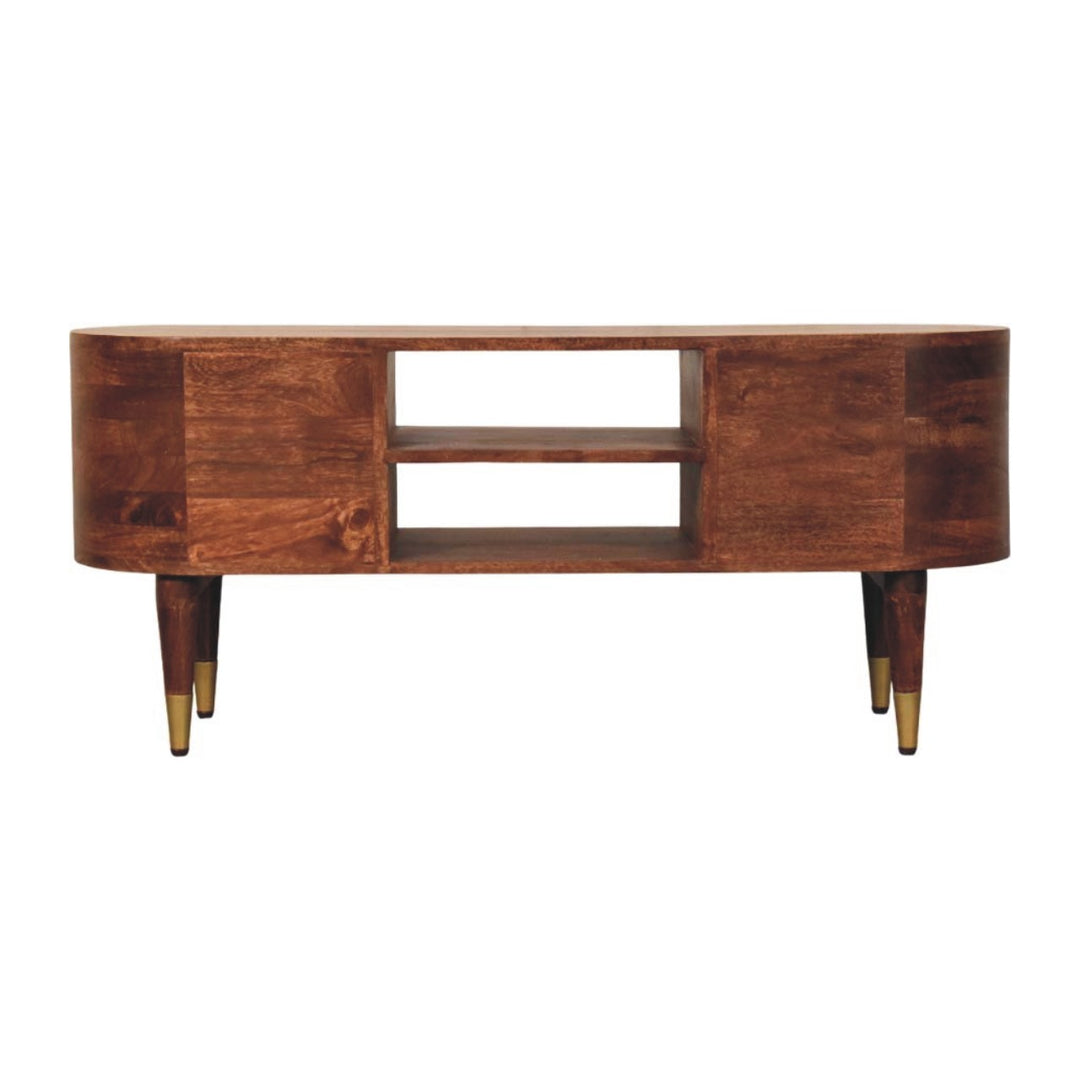 Brown Lacquered Winewood Oak Solid Mango Wood Valenza TV Stand with Open Shelf & Curved Silhouette