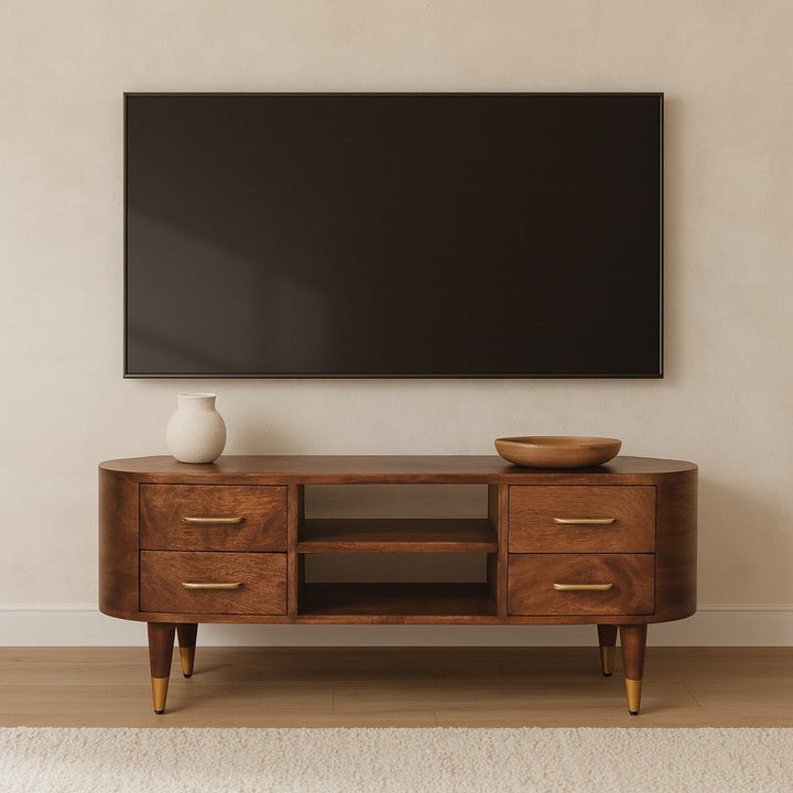 Brown Lacquered Winewood Oak Solid Mango Wood Valenza TV Stand with Open Shelf & Curved Silhouette