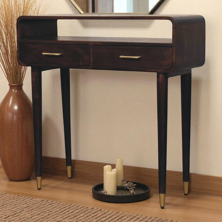 Brown Lacquered Solid Mango Wood Apollo Loop Console Desk with 2 Drawers & Brass-Capped Legs