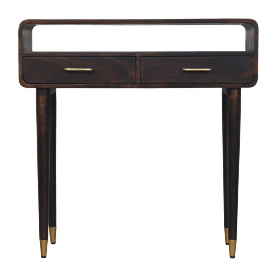 Brown Lacquered Solid Mango Wood Apollo Loop Console Desk with 2 Drawers & Brass-Capped Legs