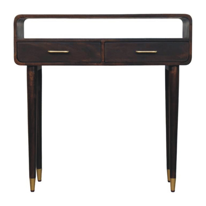 Brown Lacquered Solid Mango Wood Apollo Loop Console Desk with 2 Drawers & Brass-Capped Legs