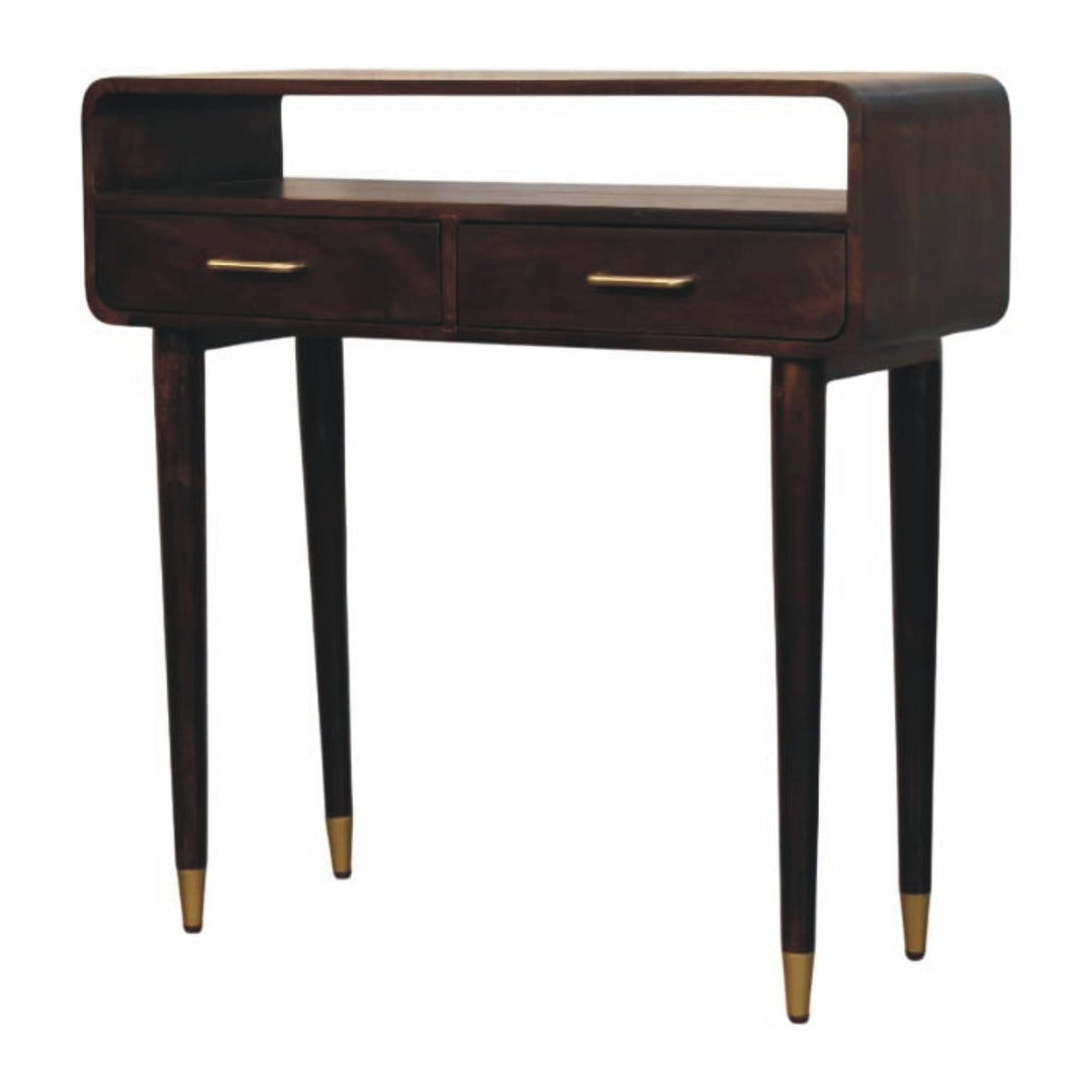 Brown Lacquered Solid Mango Wood Apollo Loop Console Desk with 2 Drawers & Brass-Capped Legs