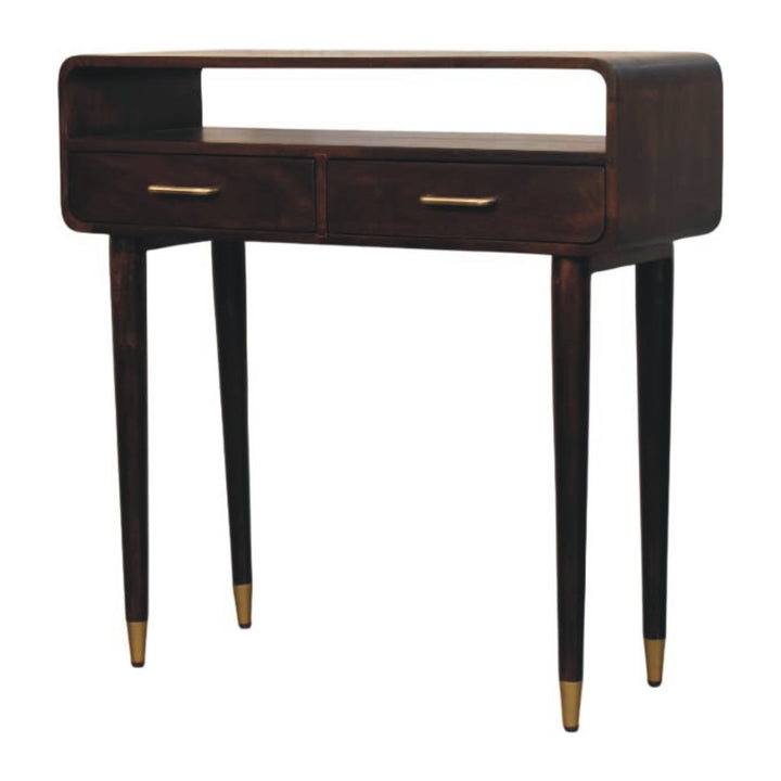 Brown Lacquered Solid Mango Wood Apollo Loop Console Desk with 2 Drawers & Brass-Capped Legs