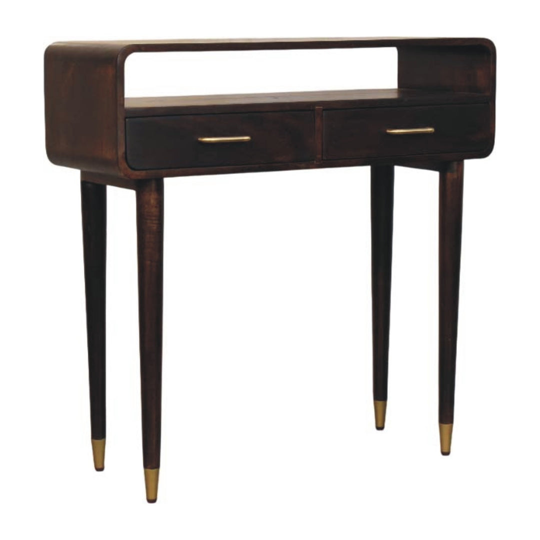 Brown Lacquered Solid Mango Wood Apollo Loop Console Desk with 2 Drawers & Brass-Capped Legs