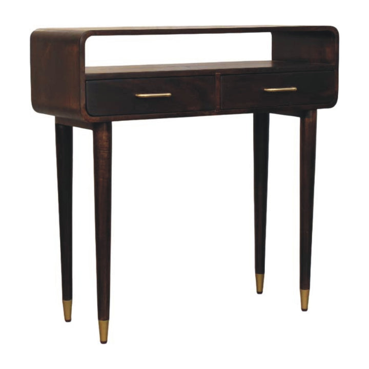 Brown Lacquered Solid Mango Wood Apollo Loop Console Desk with 2 Drawers & Brass-Capped Legs