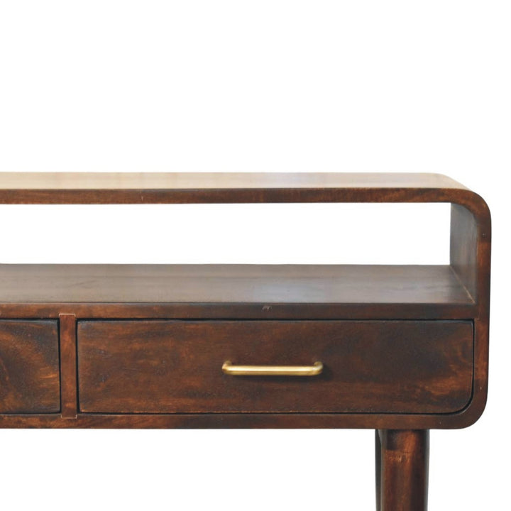 Brown Lacquered Solid Mango Wood Apollo Loop Console Desk with 2 Drawers & Brass-Capped Legs