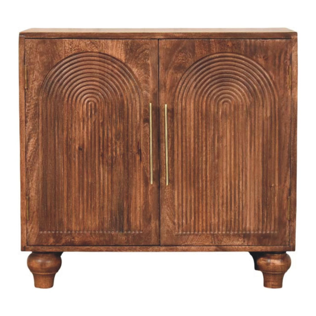 Brown Lacquered Roasted Almond Solid Mango Wood Buffet Arc Groove Cabinet with Arch Motif Doors
