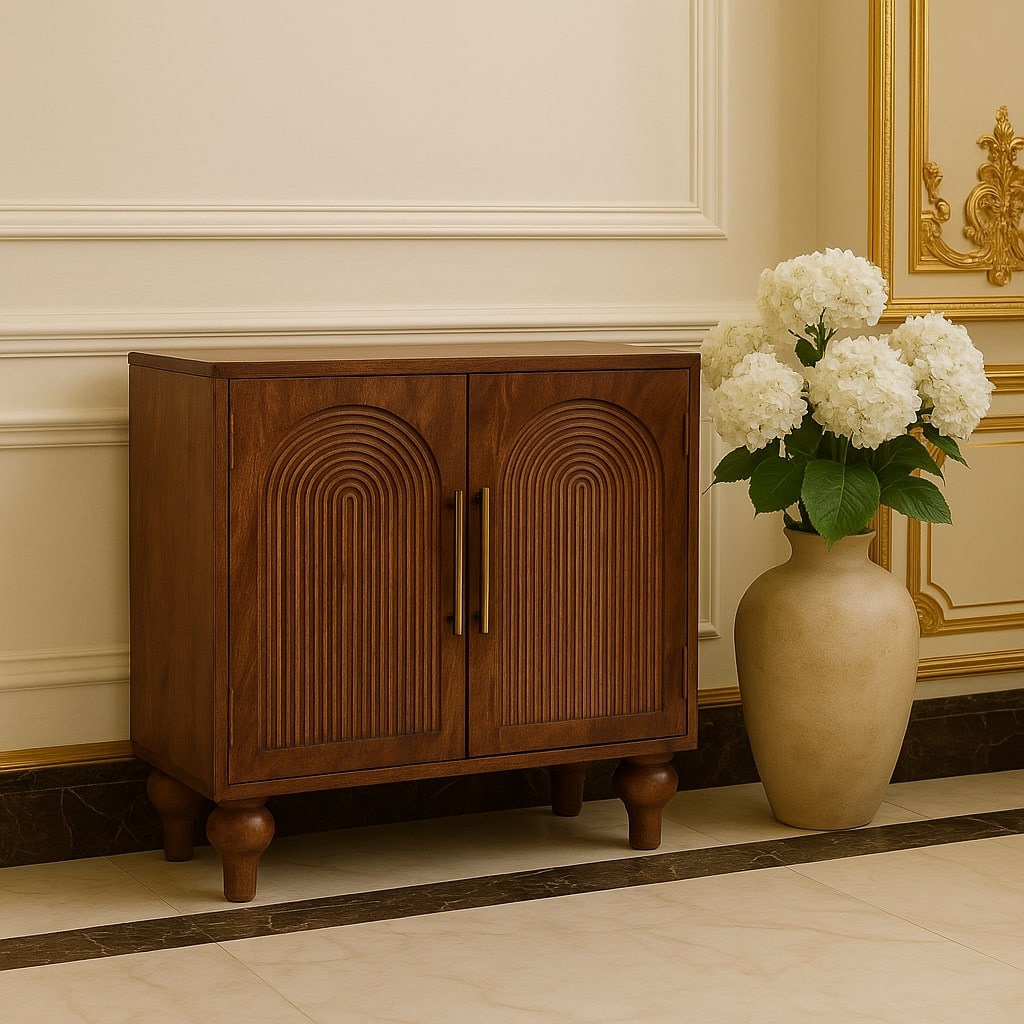 Brown Lacquered Roasted Almond Solid Mango Wood Buffet Arc Groove Cabinet with Arch Motif Doors