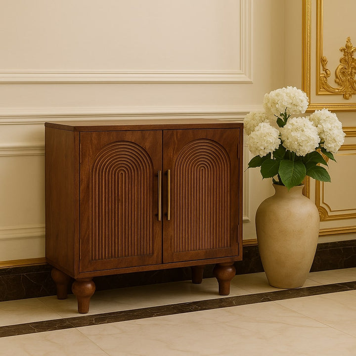 Brown Lacquered Roasted Almond Solid Mango Wood Buffet Arc Groove Cabinet with Arch Motif Doors