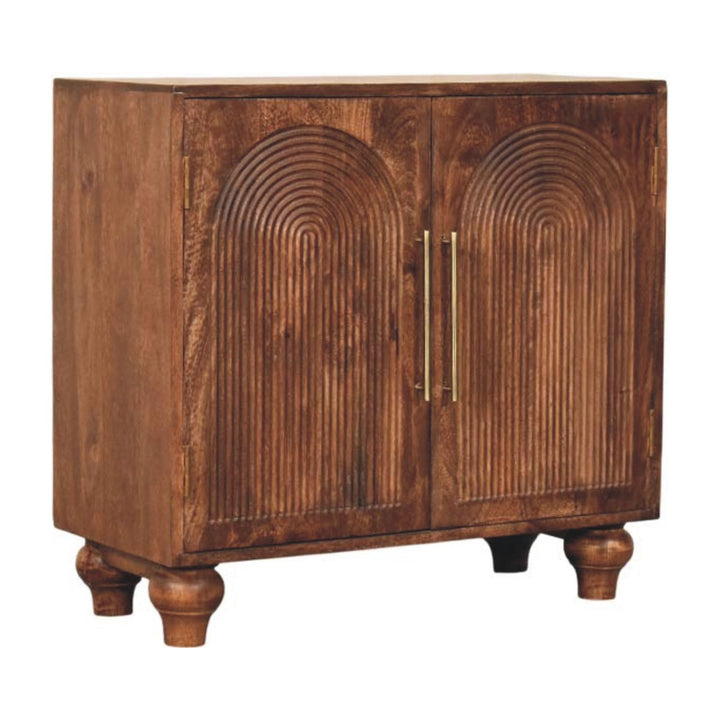 Brown Lacquered Roasted Almond Solid Mango Wood Buffet Arc Groove Cabinet with Arch Motif Doors