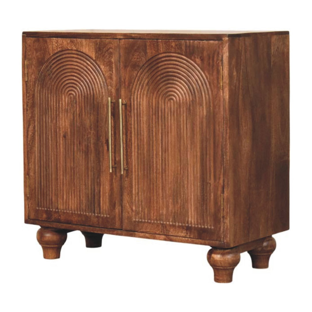 Brown Lacquered Roasted Almond Solid Mango Wood Buffet Arc Groove Cabinet with Arch Motif Doors