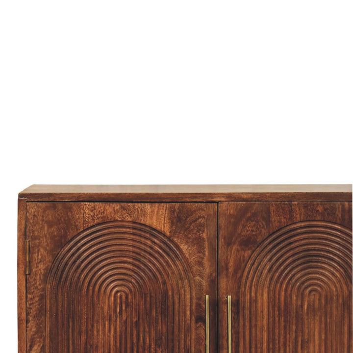 Brown Lacquered Roasted Almond Solid Mango Wood Buffet Arc Groove Cabinet with Arch Motif Doors