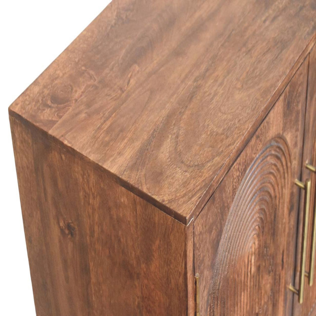 Brown Lacquered Roasted Almond Solid Mango Wood Buffet Arc Groove Cabinet with Arch Motif Doors
