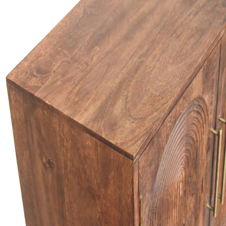 Brown Lacquered Roasted Almond Solid Mango Wood Buffet Arc Groove Cabinet with Arch Motif Doors