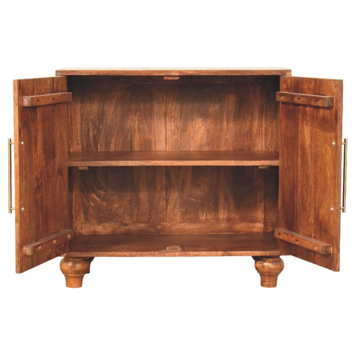 Brown Lacquered Roasted Almond Solid Mango Wood Buffet Arc Groove Cabinet with Arch Motif Doors