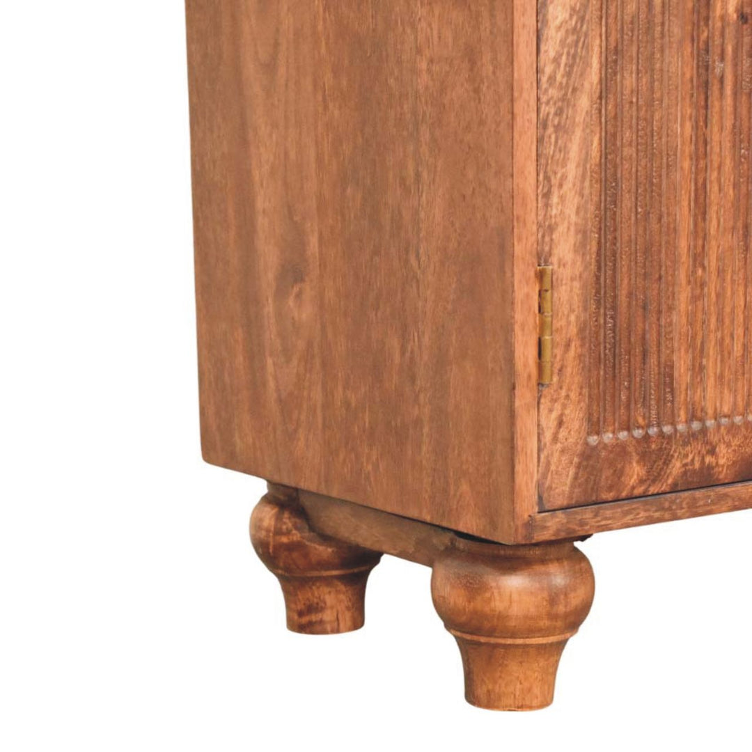 Brown Lacquered Roasted Almond Solid Mango Wood Buffet Arc Groove Cabinet with Arch Motif Doors