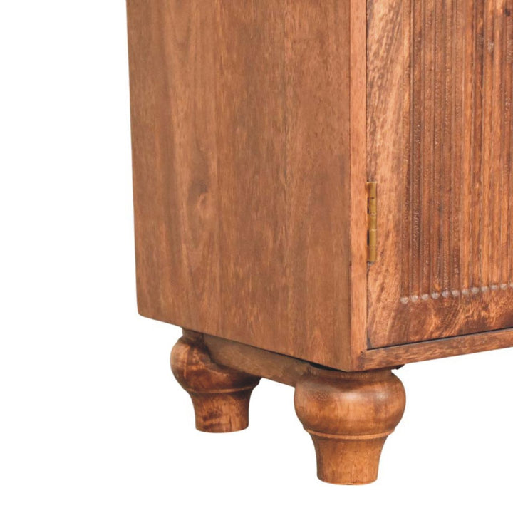 Brown Lacquered Roasted Almond Solid Mango Wood Buffet Arc Groove Cabinet with Arch Motif Doors