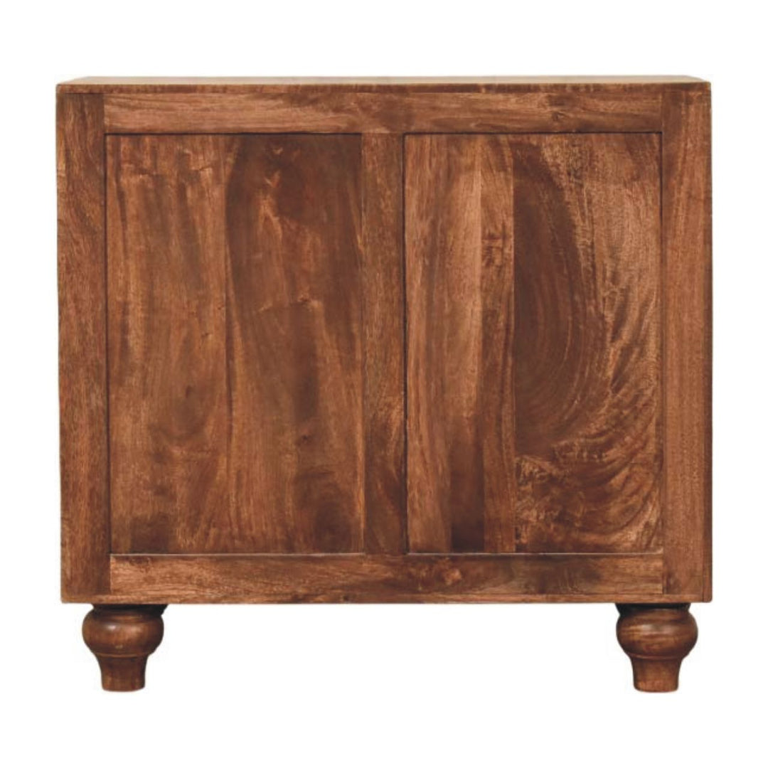 Brown Lacquered Roasted Almond Solid Mango Wood Buffet Arc Groove Cabinet with Arch Motif Doors