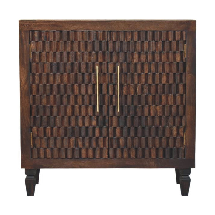 Chocolate Brown Lacquered Velvet Mocha Solid Mango Wood Vesta Wardrobe with Carved Geometric Front