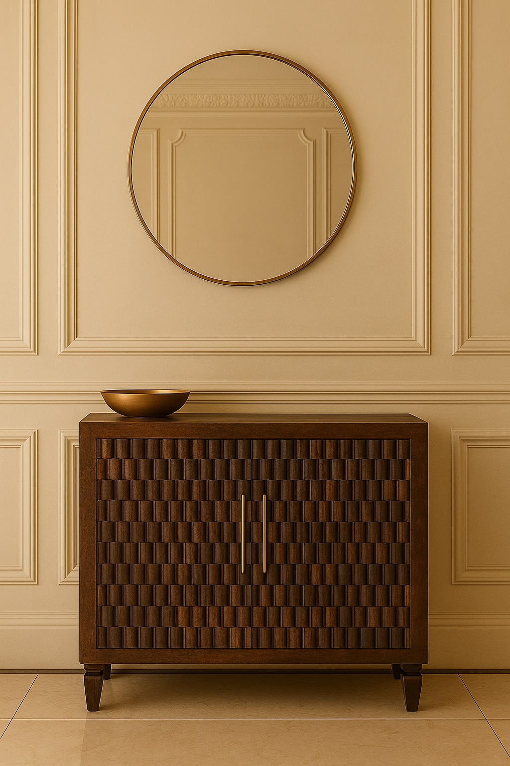 Chocolate Brown Lacquered Velvet Mocha Solid Mango Wood Vesta Wardrobe with Carved Geometric Front