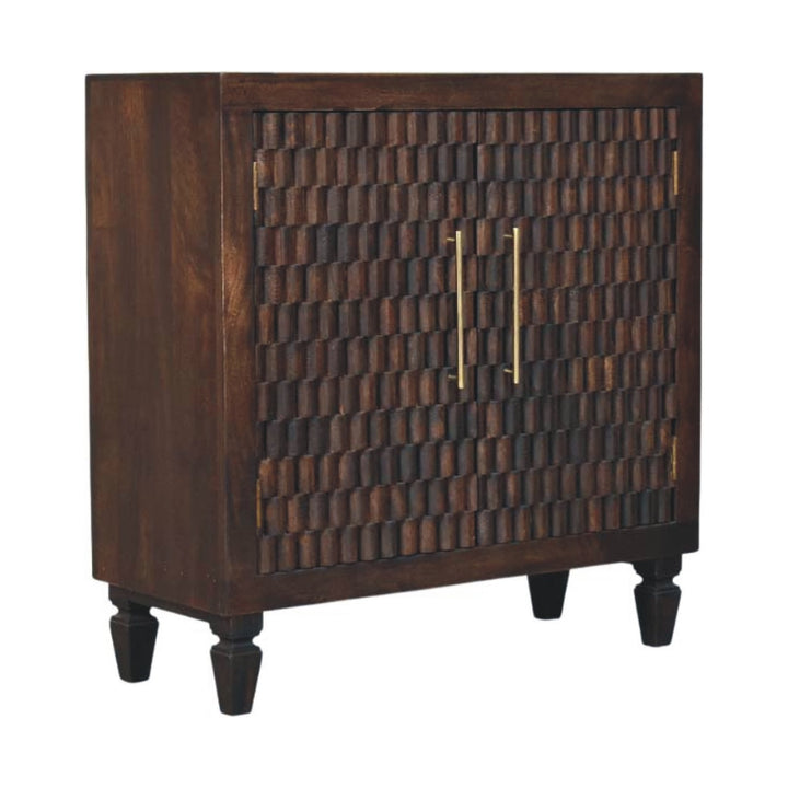 Chocolate Brown Lacquered Velvet Mocha Solid Mango Wood Vesta Wardrobe with Carved Geometric Front