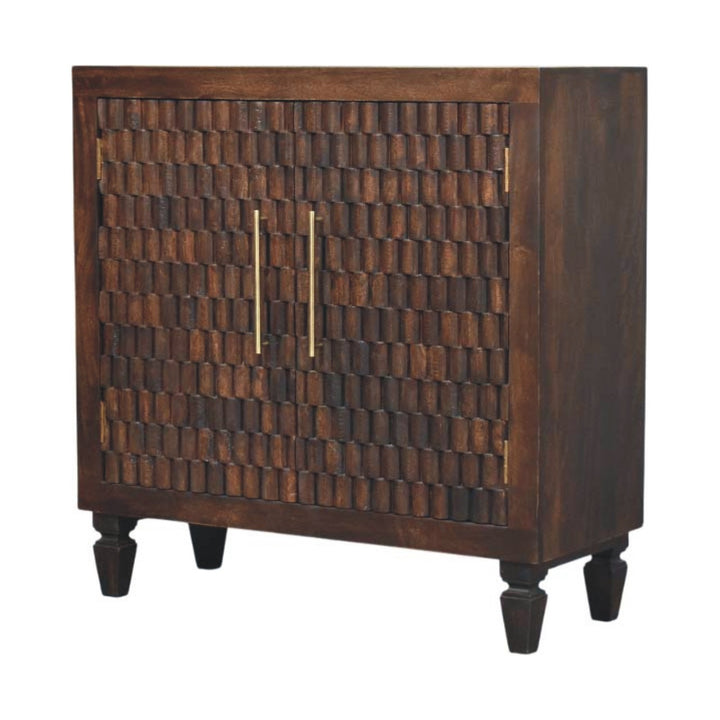 Chocolate Brown Lacquered Velvet Mocha Solid Mango Wood Vesta Wardrobe with Carved Geometric Front