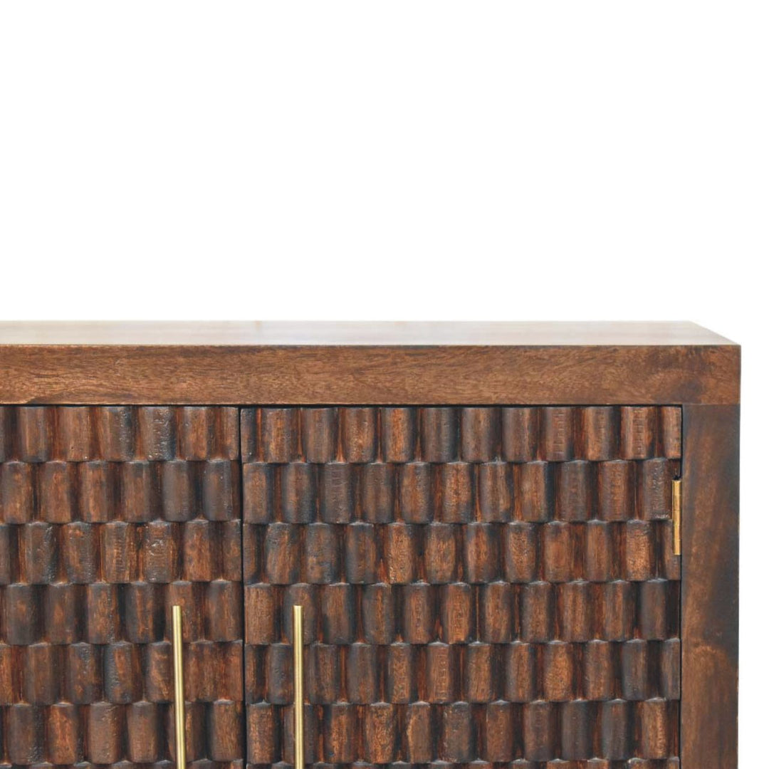 Chocolate Brown Lacquered Velvet Mocha Solid Mango Wood Vesta Wardrobe with Carved Geometric Front