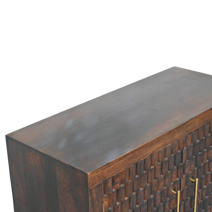 Chocolate Brown Lacquered Velvet Mocha Solid Mango Wood Vesta Wardrobe with Carved Geometric Front