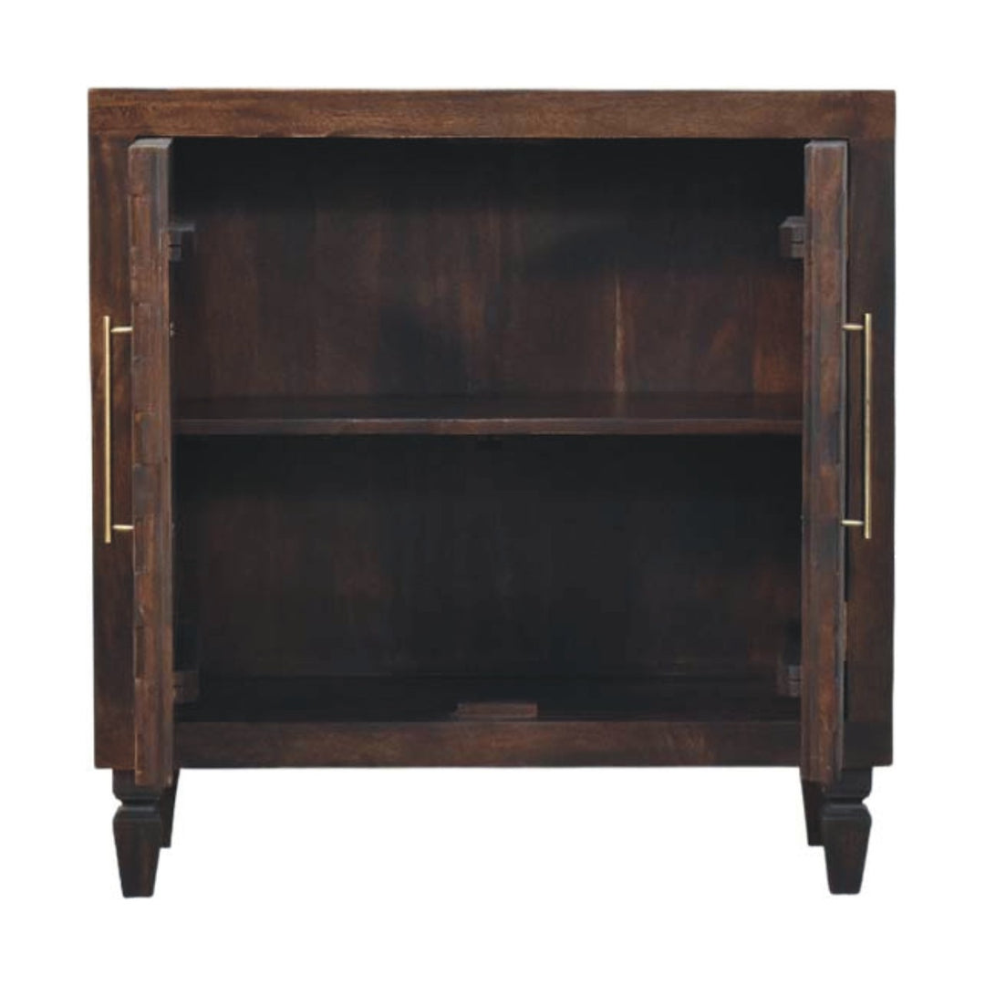 Chocolate Brown Lacquered Velvet Mocha Solid Mango Wood Vesta Wardrobe with Carved Geometric Front