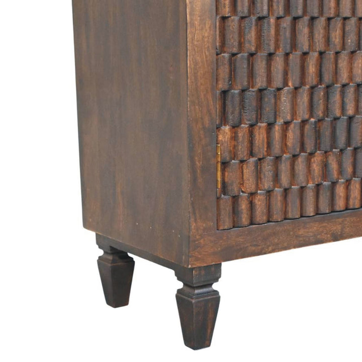 Chocolate Brown Lacquered Velvet Mocha Solid Mango Wood Vesta Wardrobe with Carved Geometric Front
