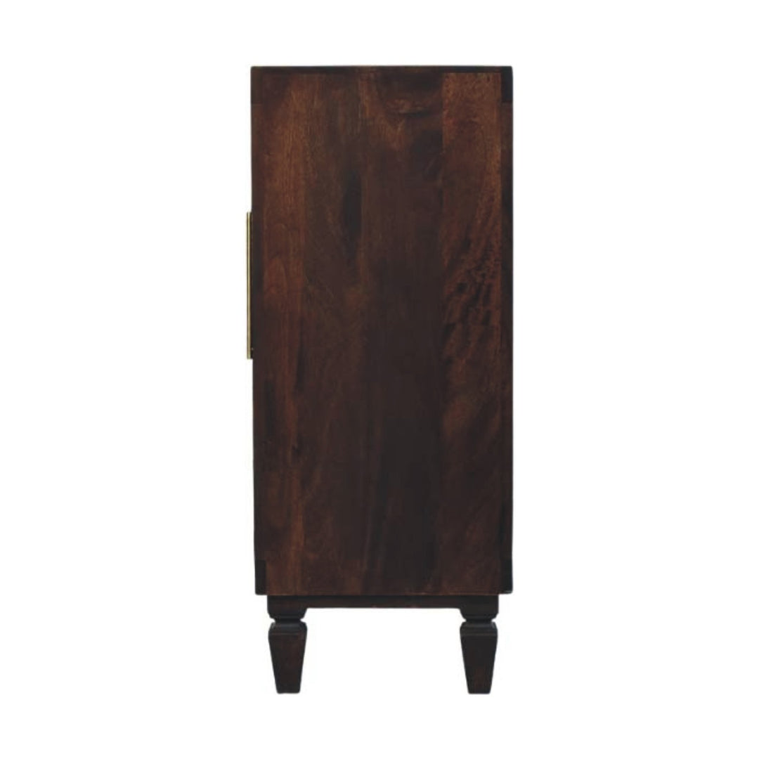 Chocolate Brown Lacquered Velvet Mocha Solid Mango Wood Vesta Wardrobe with Carved Geometric Front