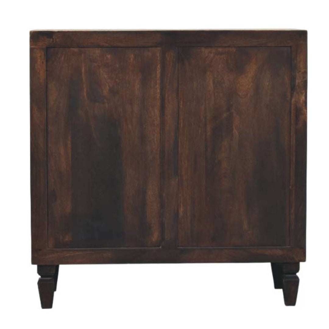 Chocolate Brown Lacquered Velvet Mocha Solid Mango Wood Vesta Wardrobe with Carved Geometric Front