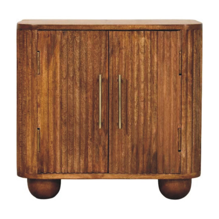Brown Lacquered Amber Oak Solid Mango Wood Fluted Mini Sideboard with Spherical Feet