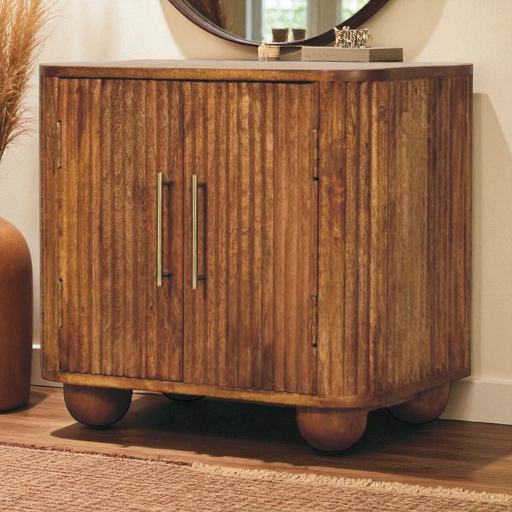 Brown Lacquered Amber Oak Solid Mango Wood Fluted Mini Sideboard with Spherical Feet