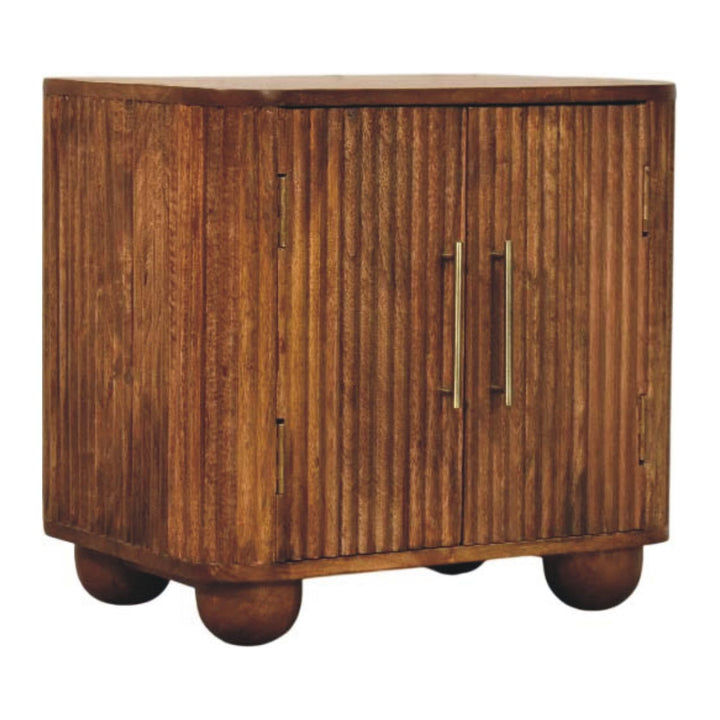 Brown Lacquered Amber Oak Solid Mango Wood Fluted Mini Sideboard with Spherical Feet