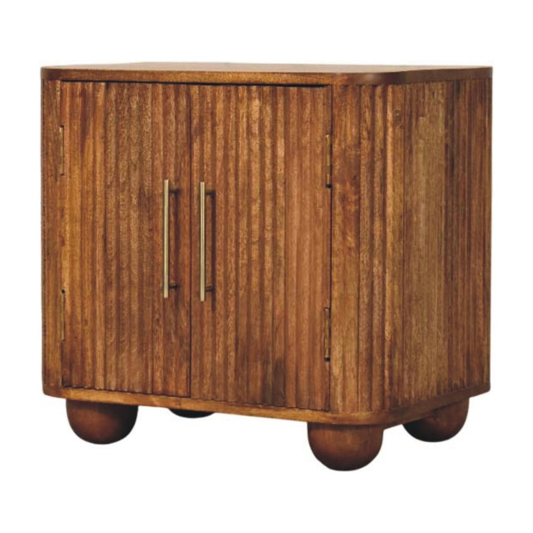 Brown Lacquered Amber Oak Solid Mango Wood Fluted Mini Sideboard with Spherical Feet