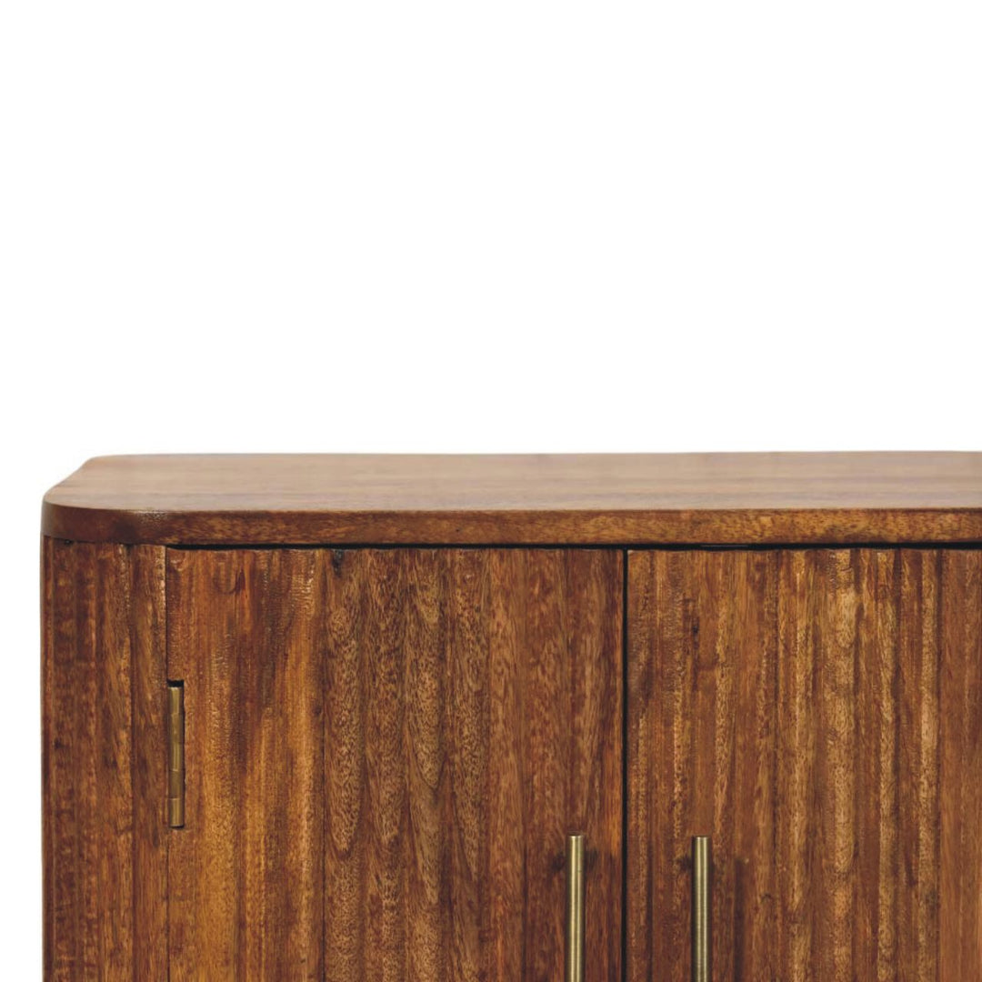 Brown Lacquered Amber Oak Solid Mango Wood Fluted Mini Sideboard with Spherical Feet