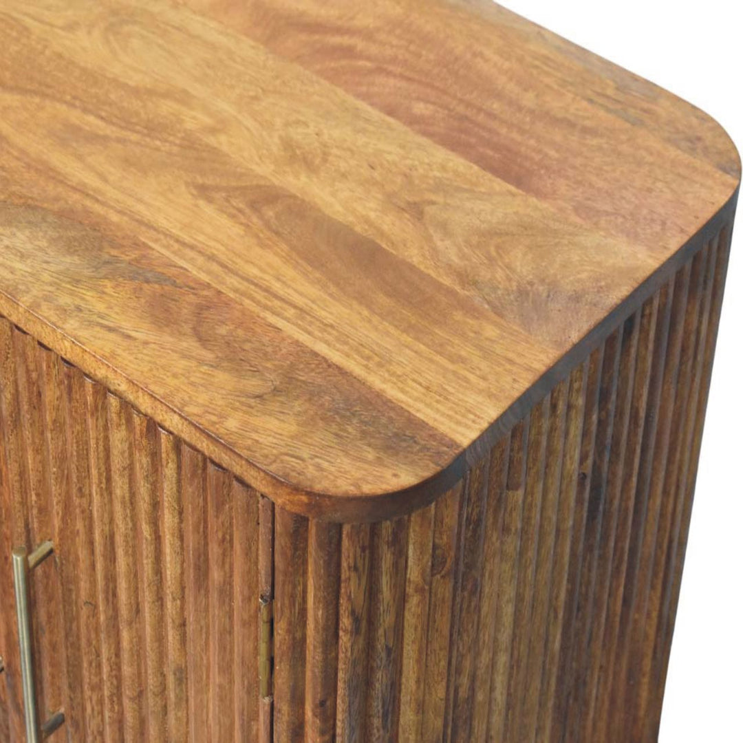 Brown Lacquered Amber Oak Solid Mango Wood Fluted Mini Sideboard with Spherical Feet