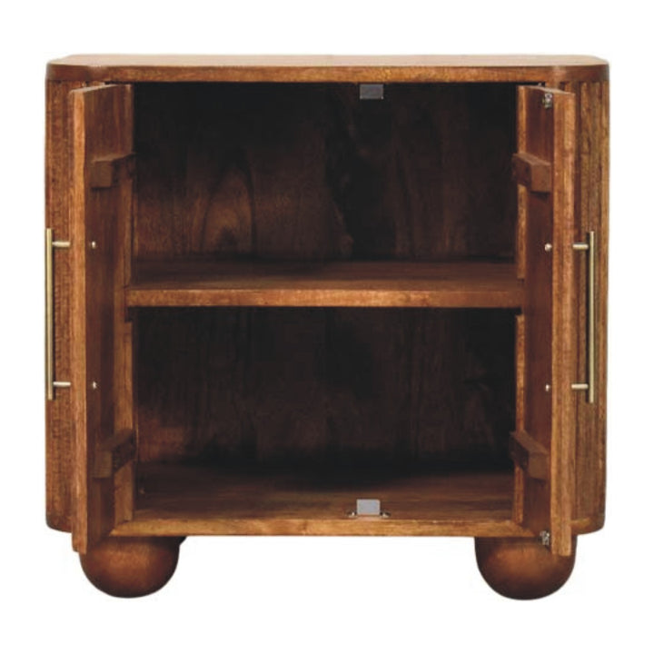 Brown Lacquered Amber Oak Solid Mango Wood Fluted Mini Sideboard with Spherical Feet