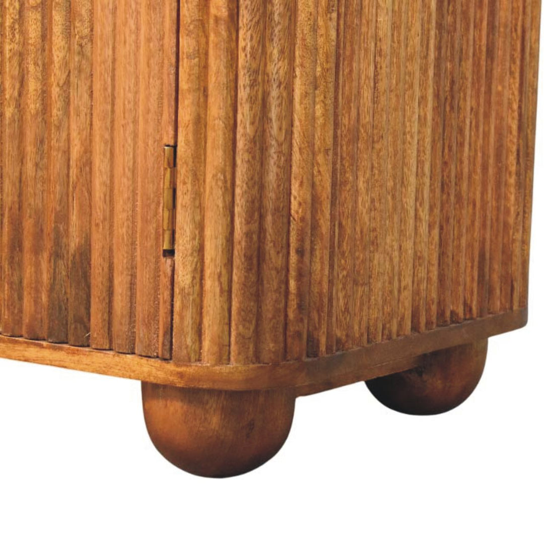 Brown Lacquered Amber Oak Solid Mango Wood Fluted Mini Sideboard with Spherical Feet