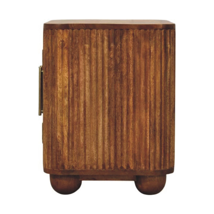 Brown Lacquered Amber Oak Solid Mango Wood Fluted Mini Sideboard with Spherical Feet
