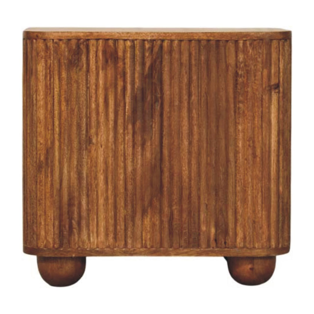 Brown Lacquered Amber Oak Solid Mango Wood Fluted Mini Sideboard with Spherical Feet