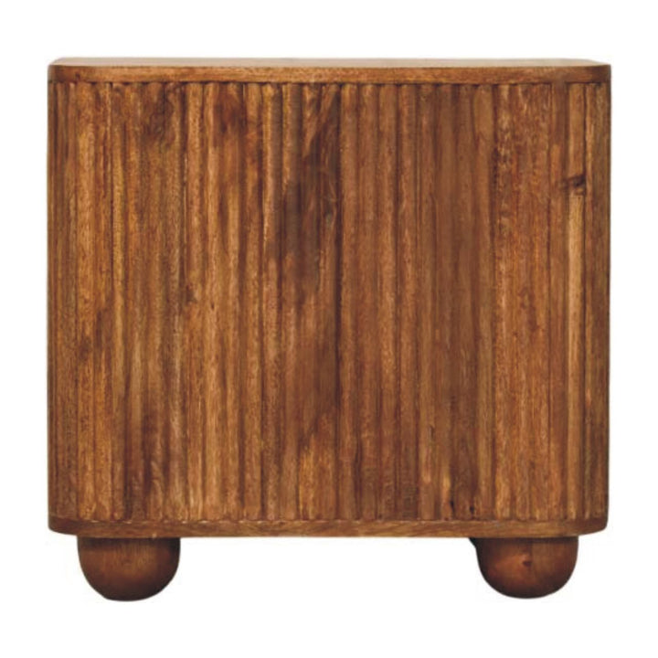 Brown Lacquered Amber Oak Solid Mango Wood Fluted Mini Sideboard with Spherical Feet